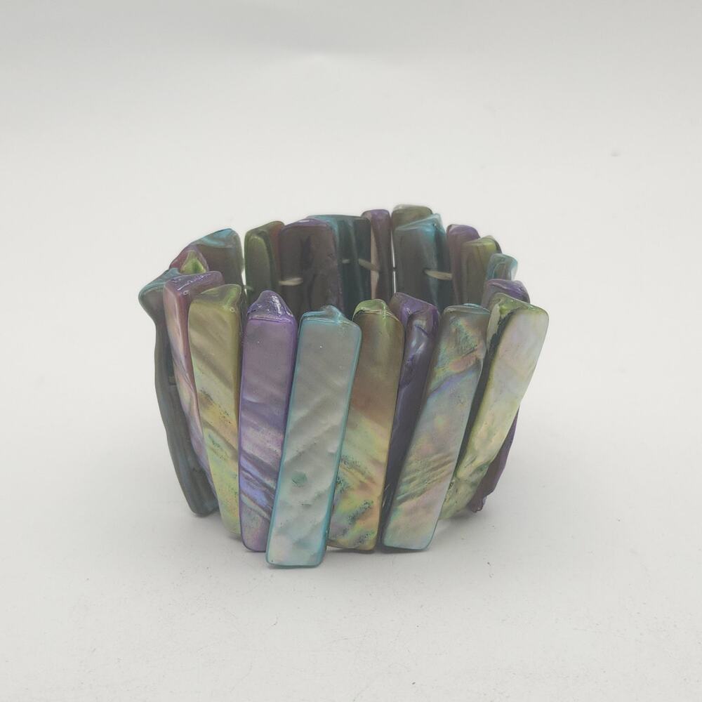 Pastel Dyed Shell Stretch Bracelet Iridescent Mother of Pearl Statement Wide